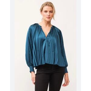 Dear John Teal Pleated Blouse Smocked Cuff Tie Neck Top NWT S